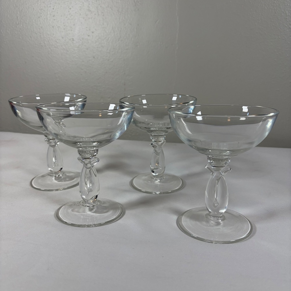 Vtg Twisted Loop Stem Champagne Coupe Glasses Set of 4 Clear Barware MCM Pretzel